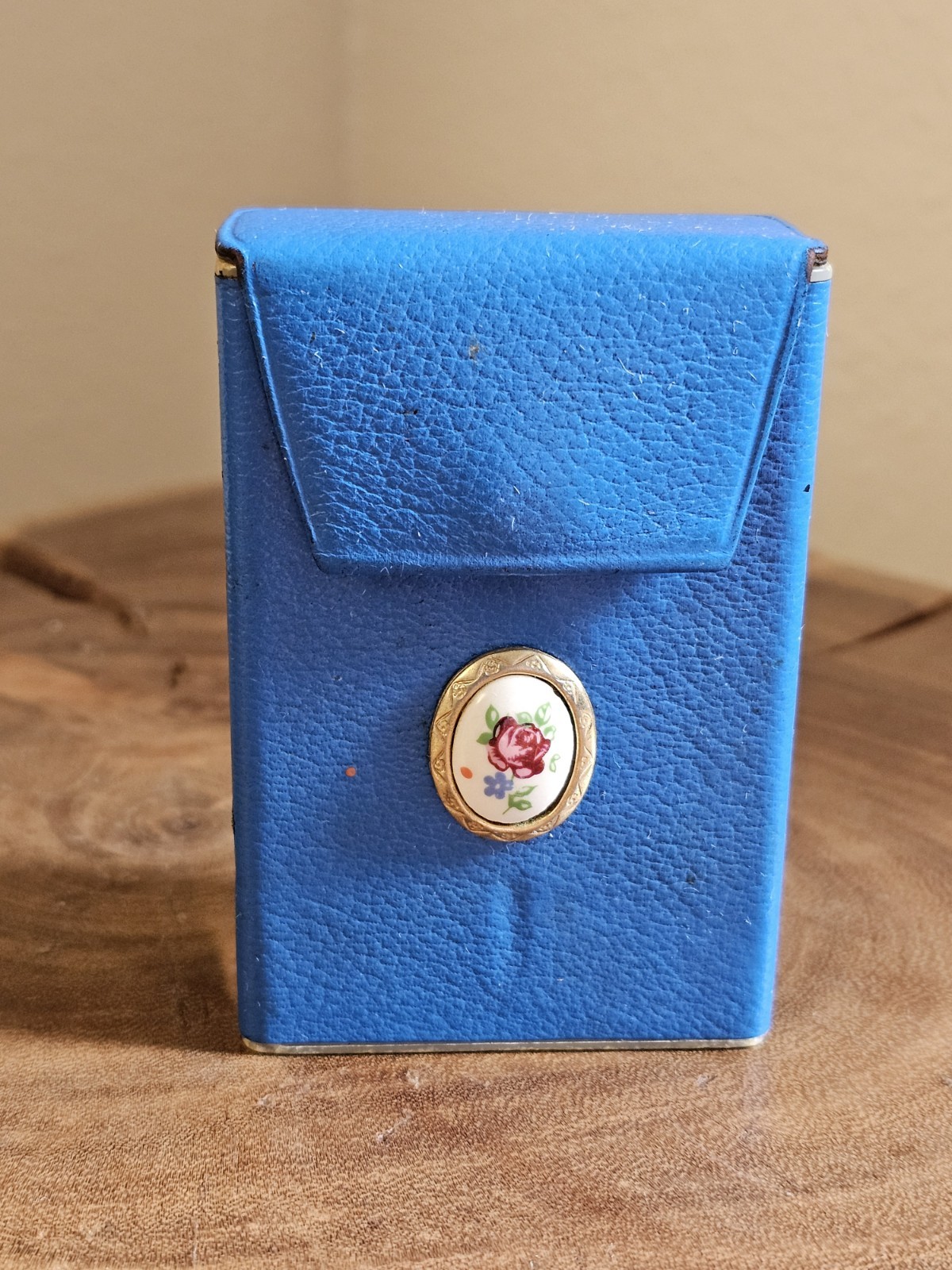 Rolfs Vintage Blue Leather Cigarette Case Oval Floral Motif 1960s