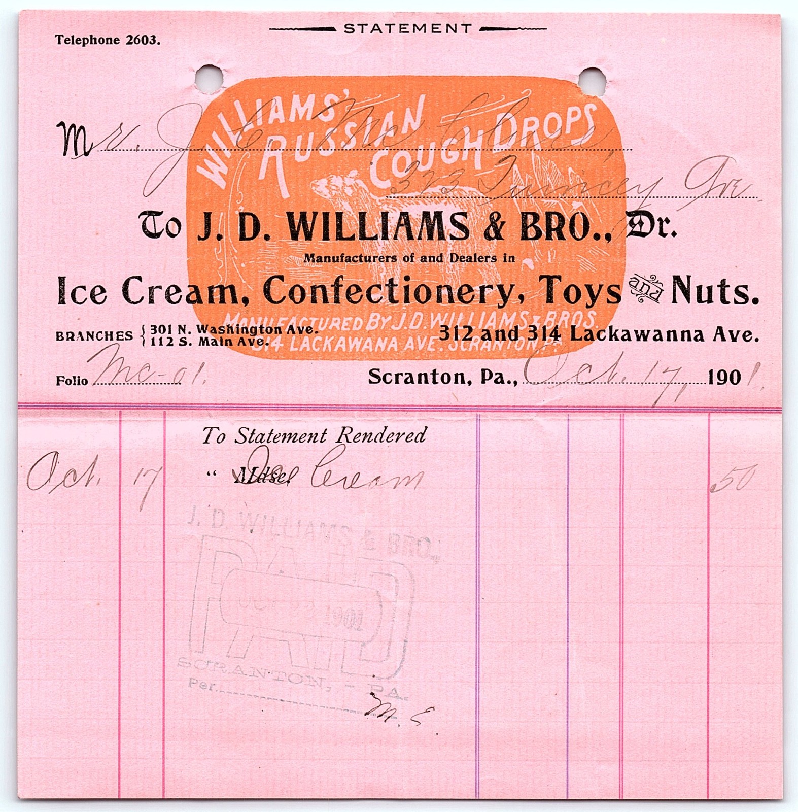 1901 J.D. Williams & Bro. Scranton billhead, cough drops adv