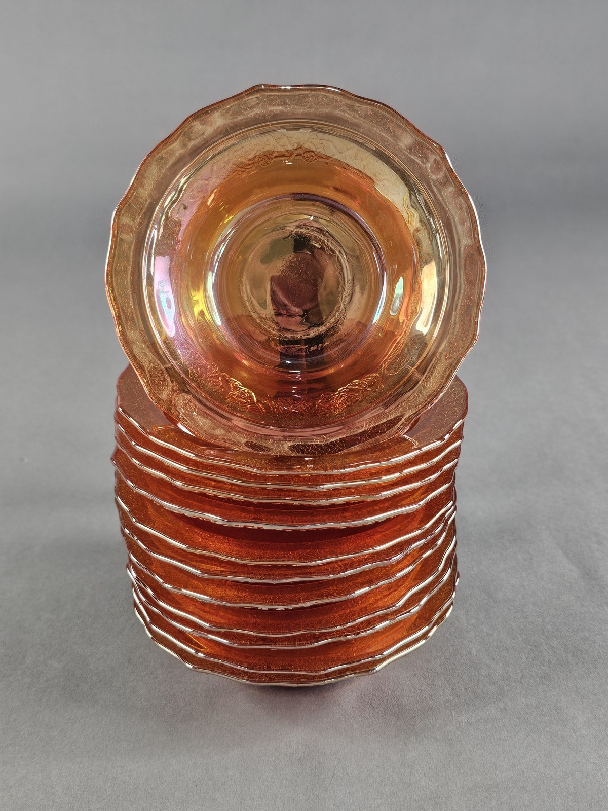 12 Vtg Carnival Federal Glass Marigold Iridescent Ruffled Normandie Berry Bowls