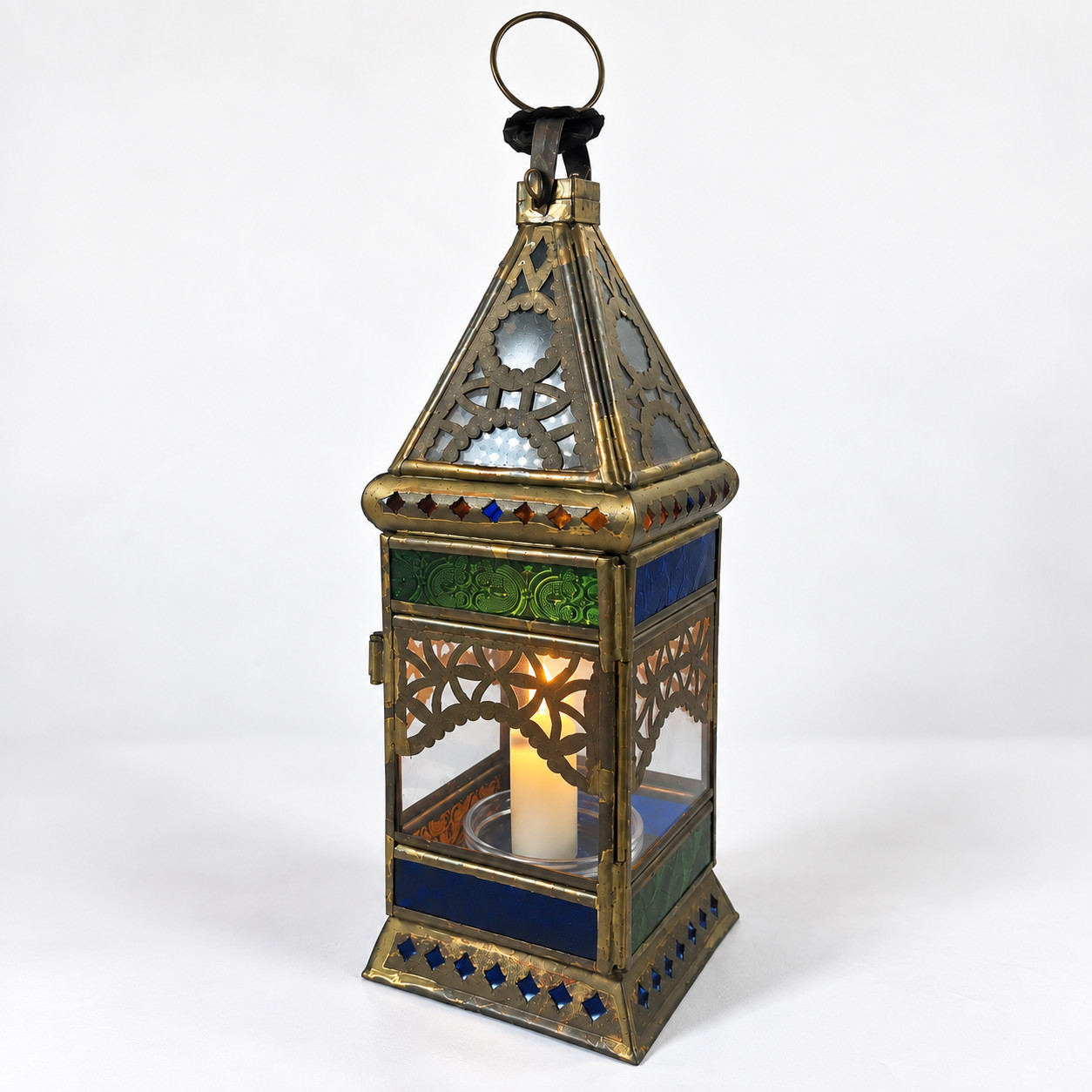 Vintage Brass Candle Lantern Blue Green Pressed Glass Gothic Moroccan 13in