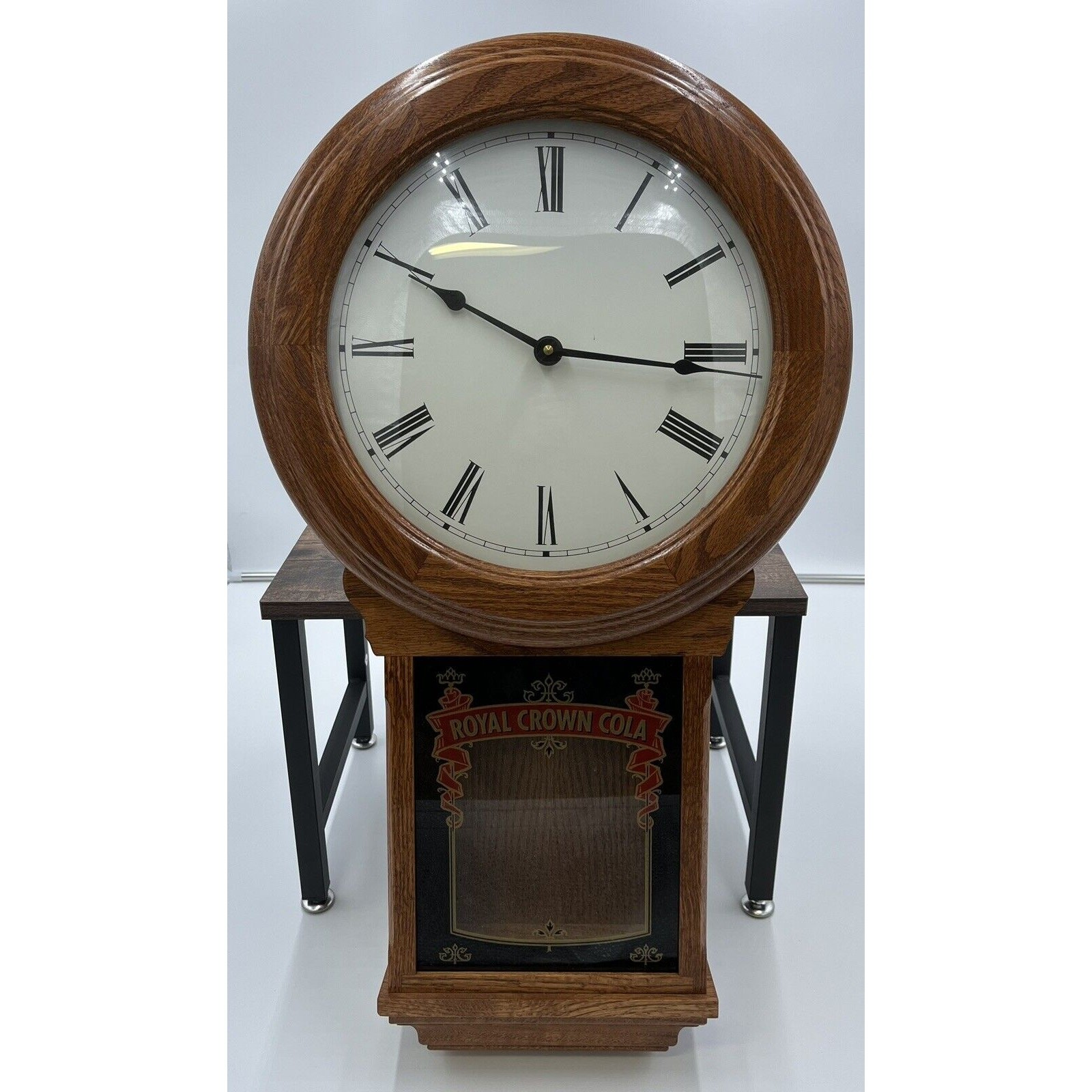 Vintage Royal Crown Cola Wood and Glass Wall Pendulum Clock Wisconsin Clock Co