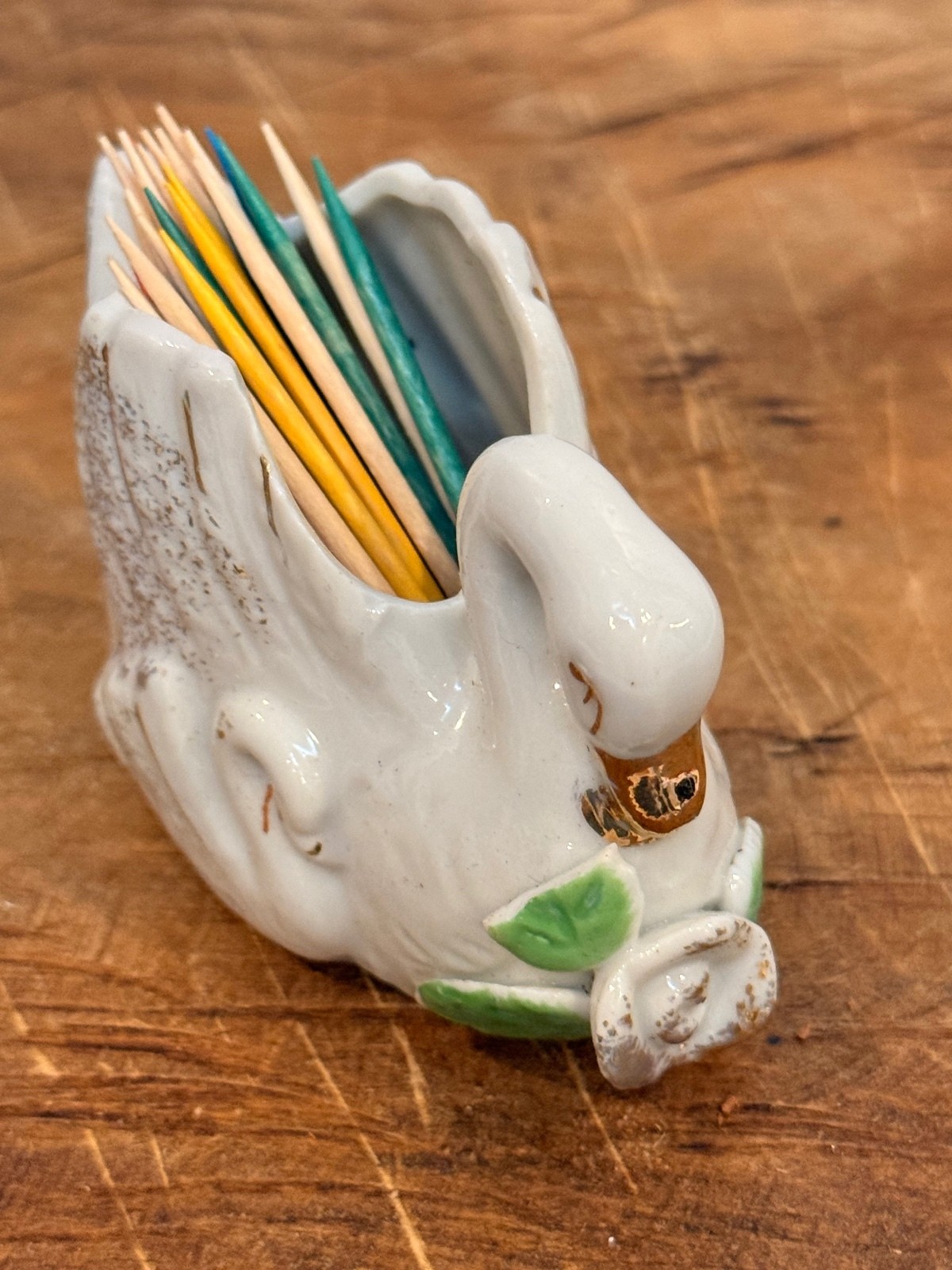 Vintage white swan ceramic toothpick/match holder