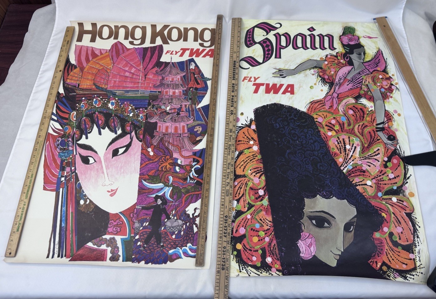 Vintage TWA Travel Posters Spain & Hong Kong David Klein Lithograph Pair