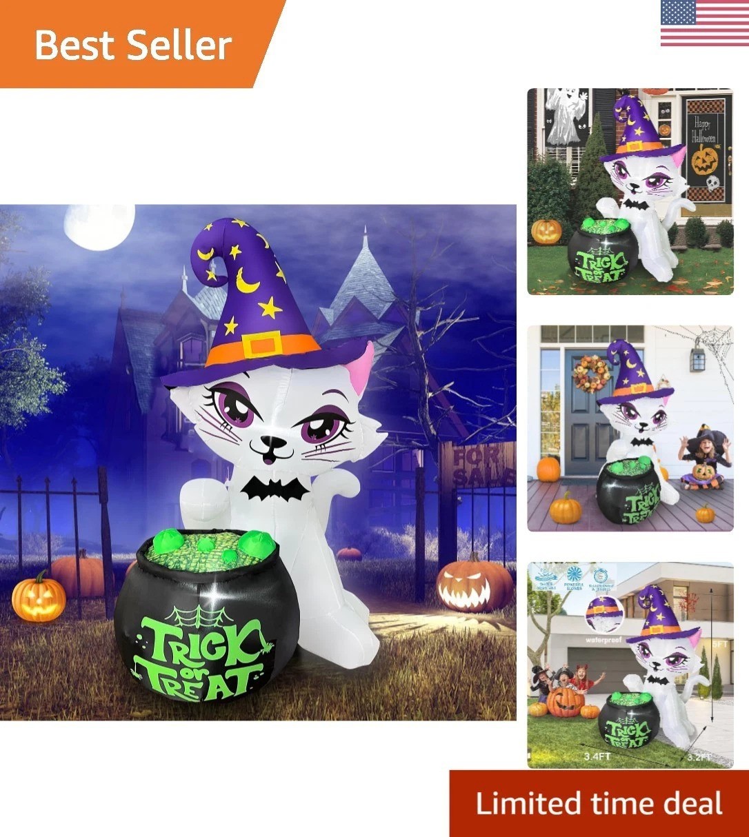 Adorable 5FT Inflatable Cat with Witch Cauldron - Durable Halloween Decoration
