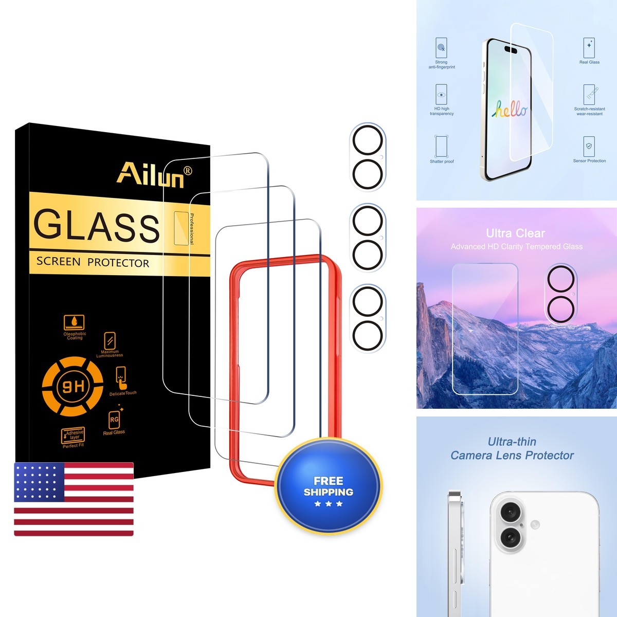Ailun 3 Pack Screen Protector + Camera Lens Protector for iPhone 16 6.1 inch