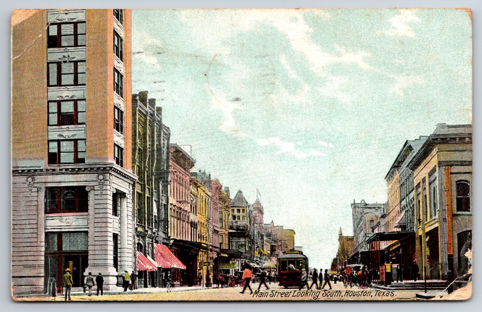 Houston Texas Main Street Looking South Trolley Postcard