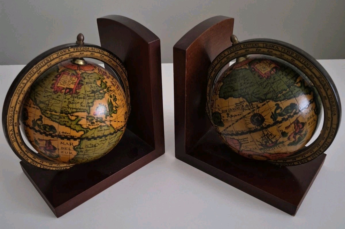 Old World Spinning Globe Bookends Dk Wood Finish Base Italian Wording Made Italy