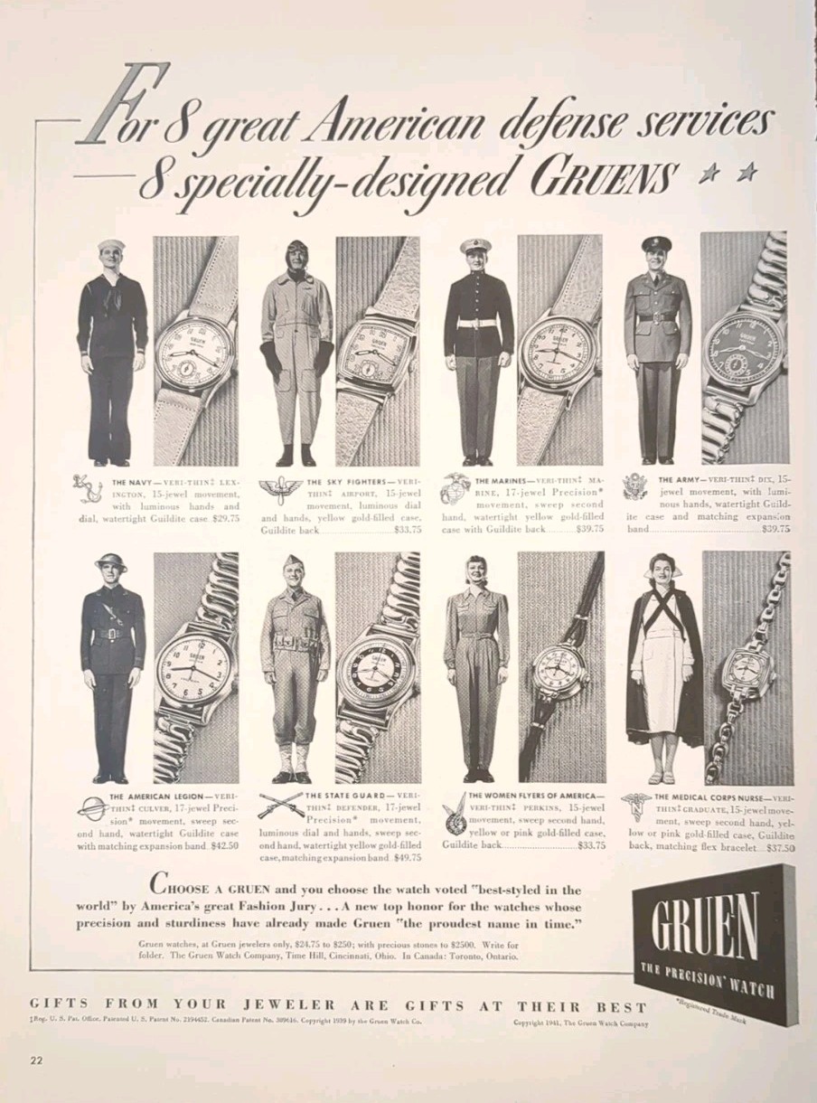 1941 Gruen Military Watches For Service Men And Women Print Ad 