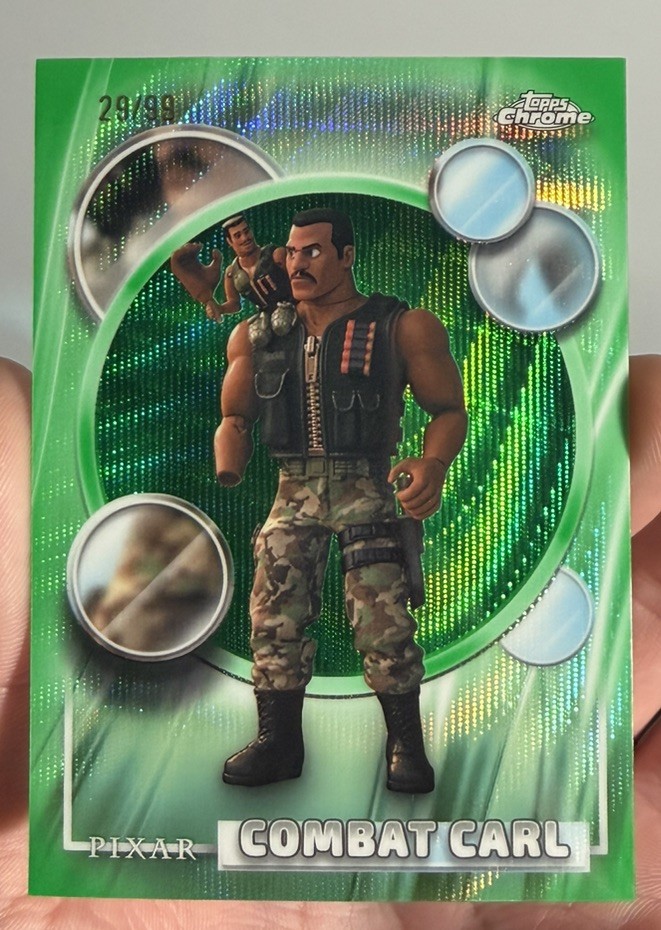 2026 Topps Chrome Disney Toy Story Combat Carl Green Wave Refractor /99