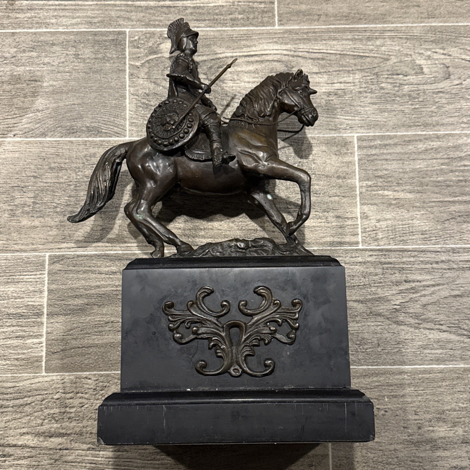 Bronze Roman/Greek Soldier walking Horse Statue 17 inches tall on  Marble base