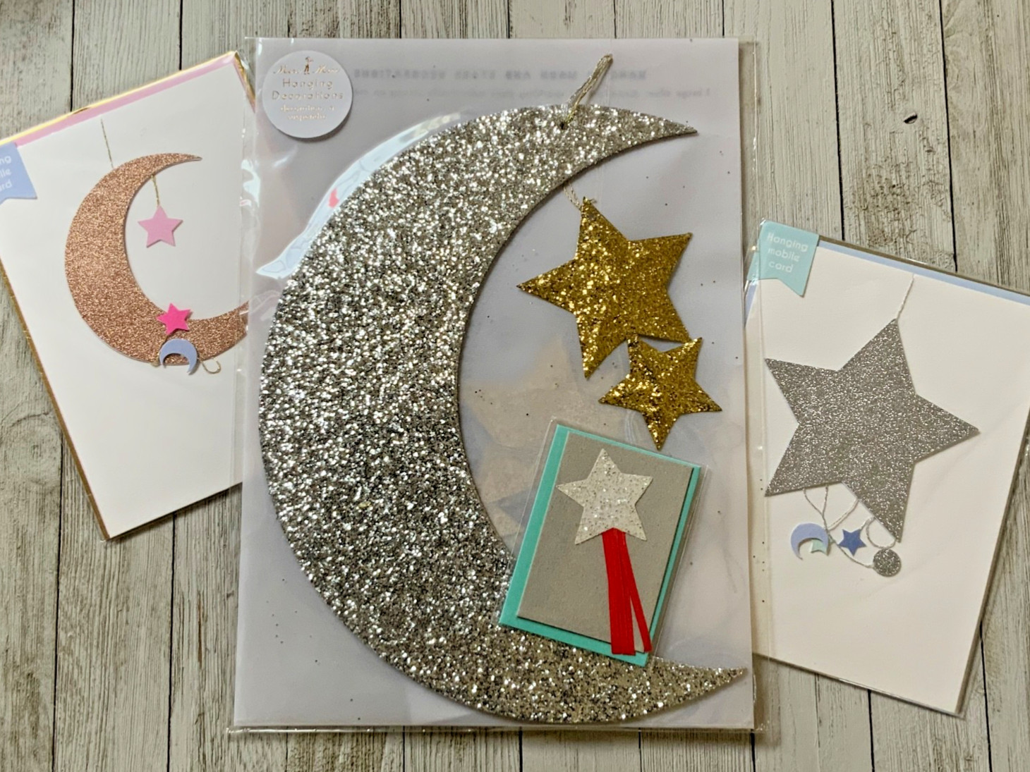 RETIRED Meri Meri Glitter Hanging moon & stars and three cards ~ NOS Set of 4