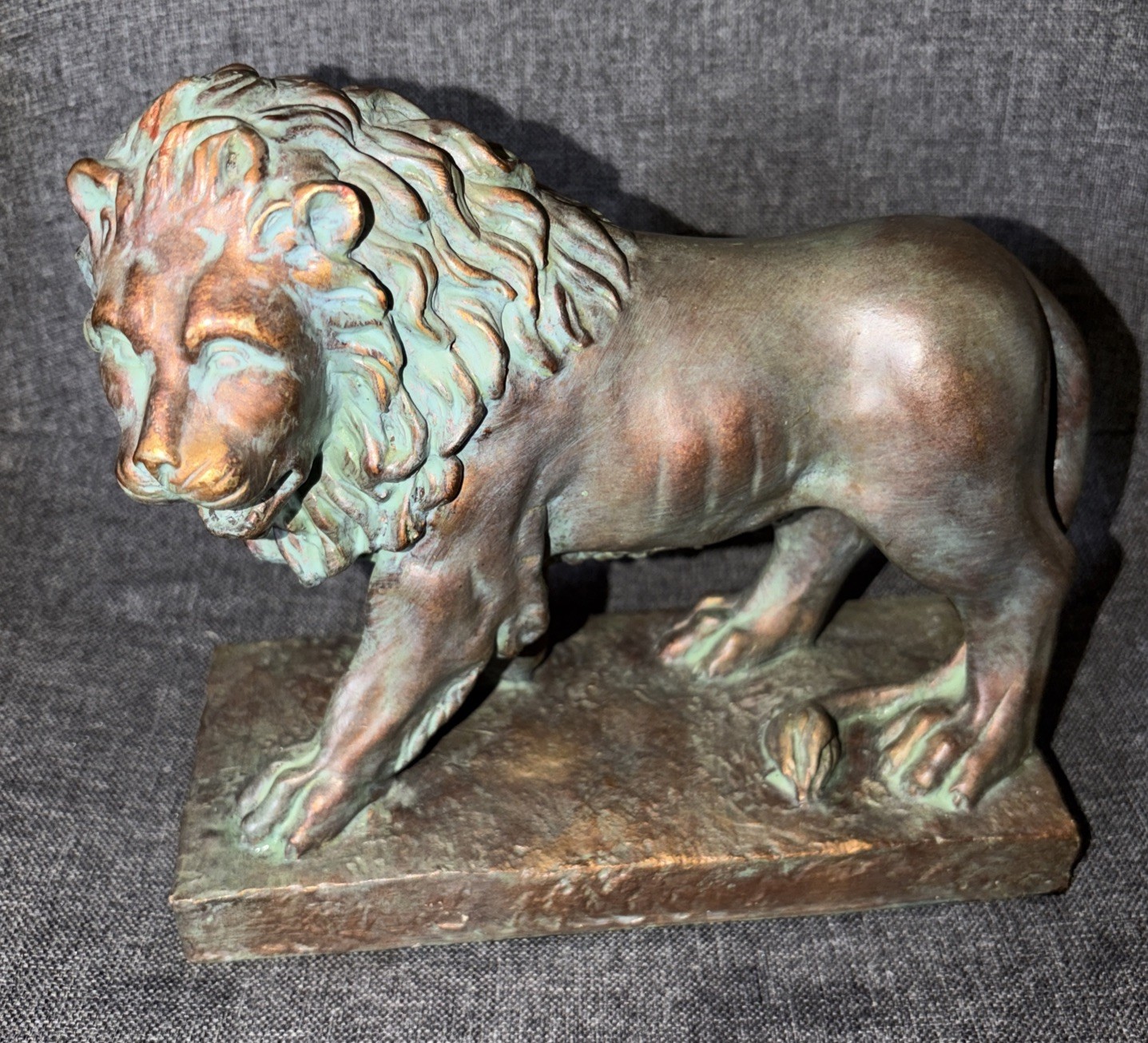 Vintage International Bazaar Lion figure Faux bronze green verdigris Finish 7x3”