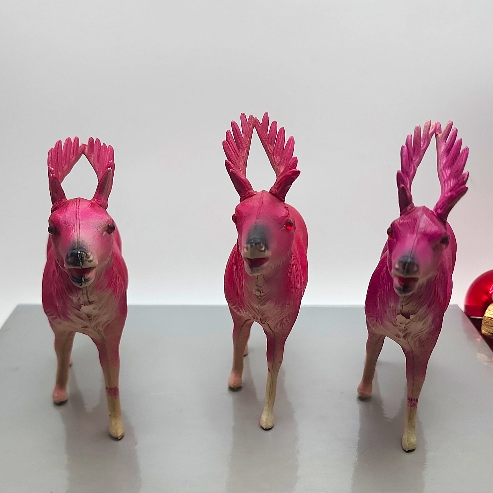 3 Vtg Magenta Pink Ombre Celluloid Reindeer Antlers Red Gem Eyes Japan 6\