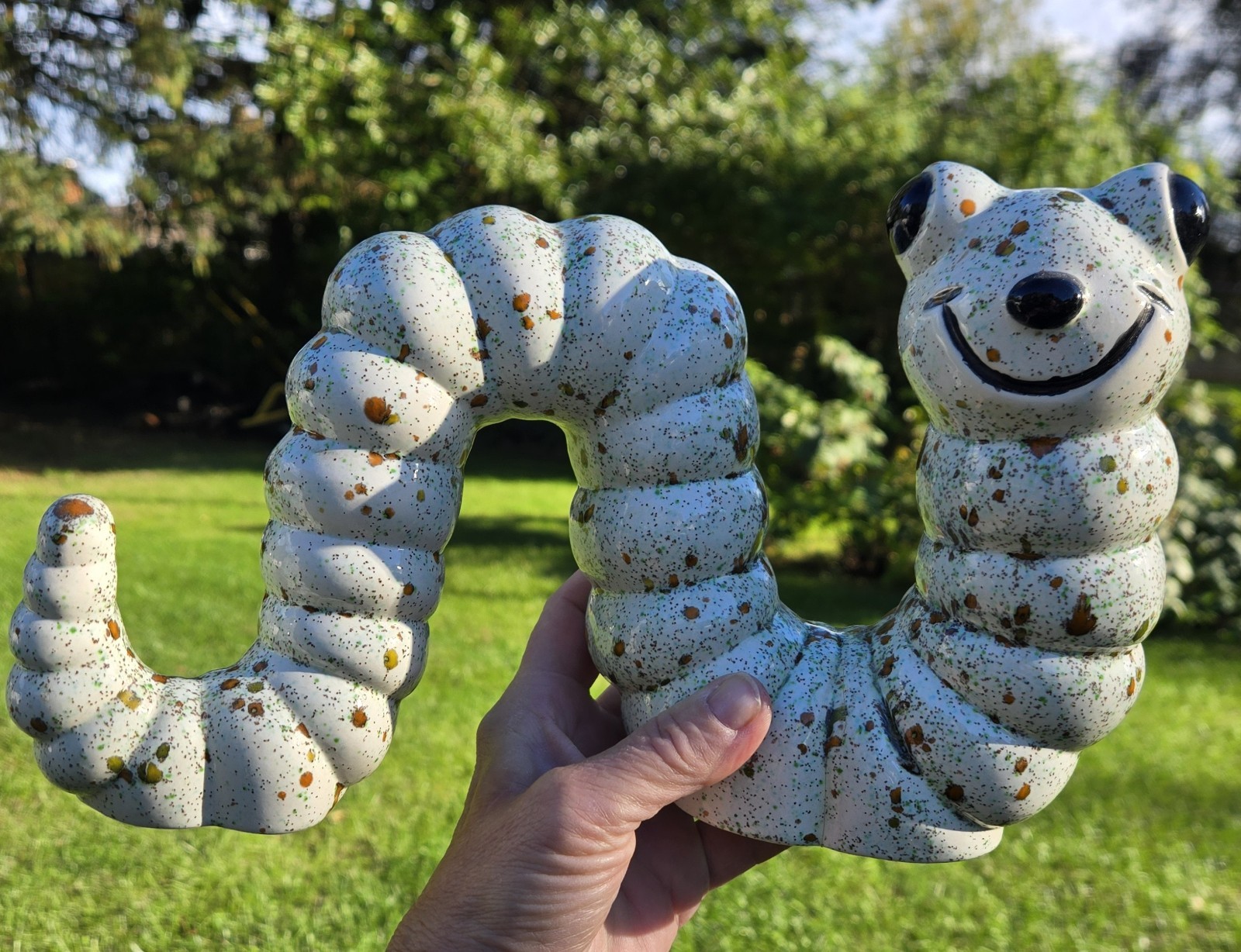 VTG 11” MCM Speckle Ceramic Garden Worm Caterpillar Statue Art Pottery Decor 70s