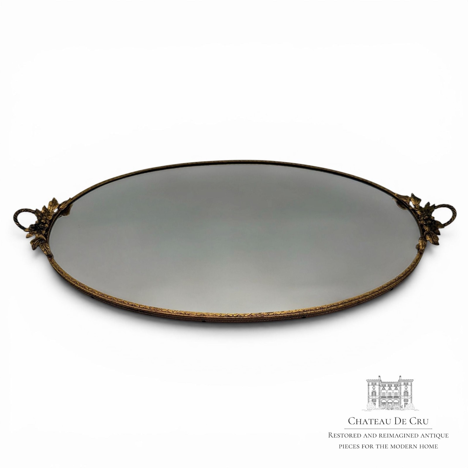 Vintage Oval Mirrored Vanity Tray Gold Tone Grapevine Handles Hollywood Regency