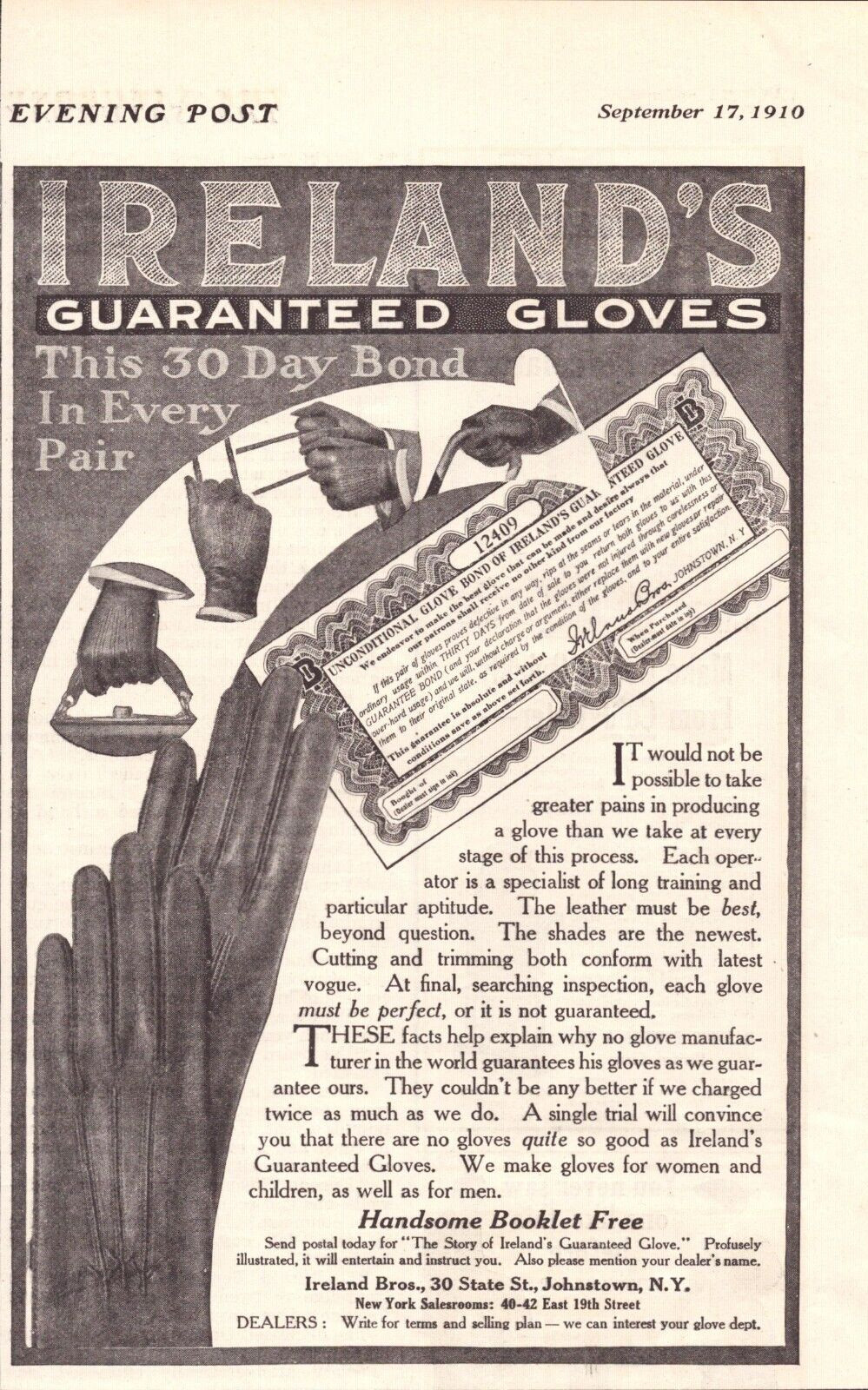 1910 Ireland\'s Guaranteed Glove\'s Print Ad  30 Day Bond In Every Pair