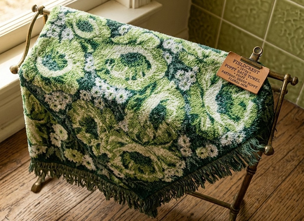 Vintage 1970s Fieldcrest Green Poppy Floral MCM Textured Fringe Bath Towel 26x52