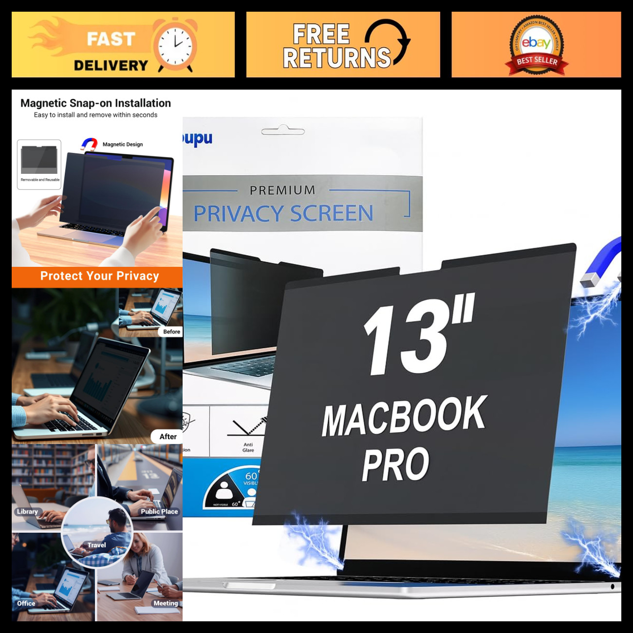 Magnetic Privacy Screen Protector Macbook Pro/Air 13Inch 2016-2022 M1-M2
