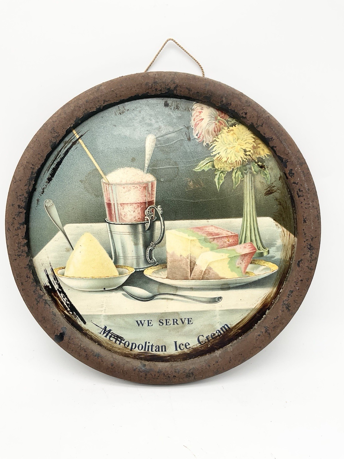 Antique Round We Serve Metropolitan Ice Cream Sign RareS1