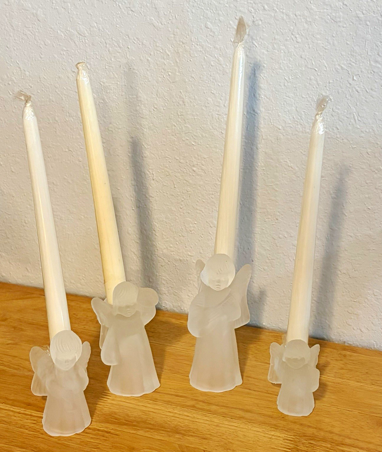 Crystal Lines Frosted White Glass Angel Taper Candle Holders Set of 4