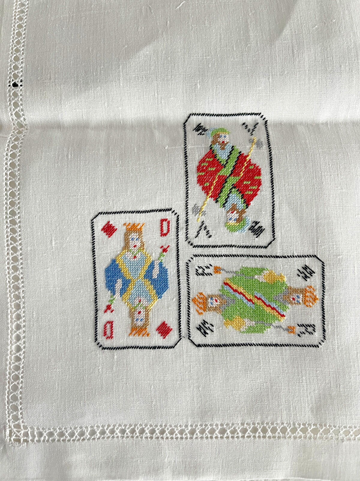 RARE LINEN CARD TABLE TOPPER. Hand-stitched Euro-Design. An Exceptional Gift