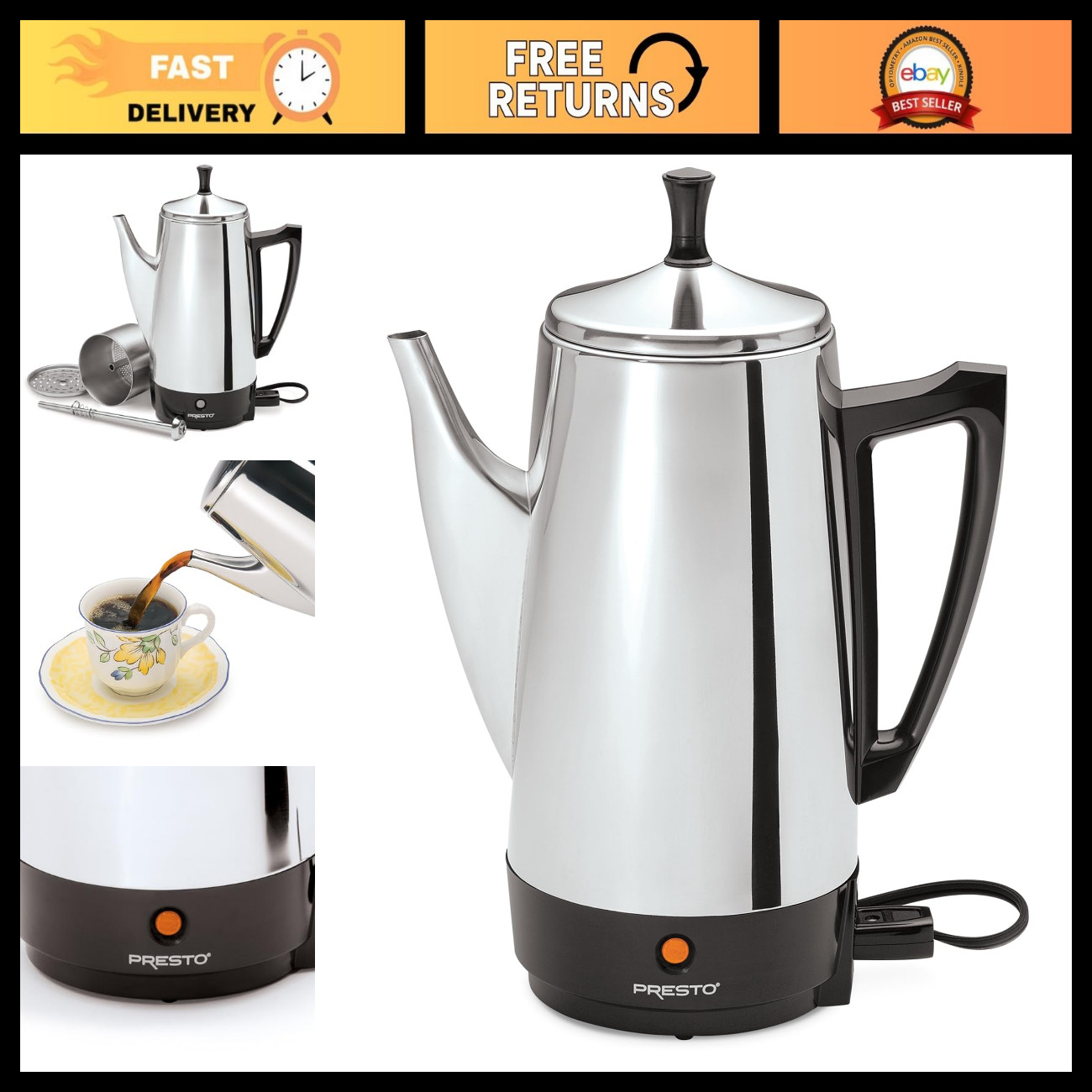 Stainless Steel 12-Cup Electric Coffee Percolator - Fast Brewing, Easy Clean