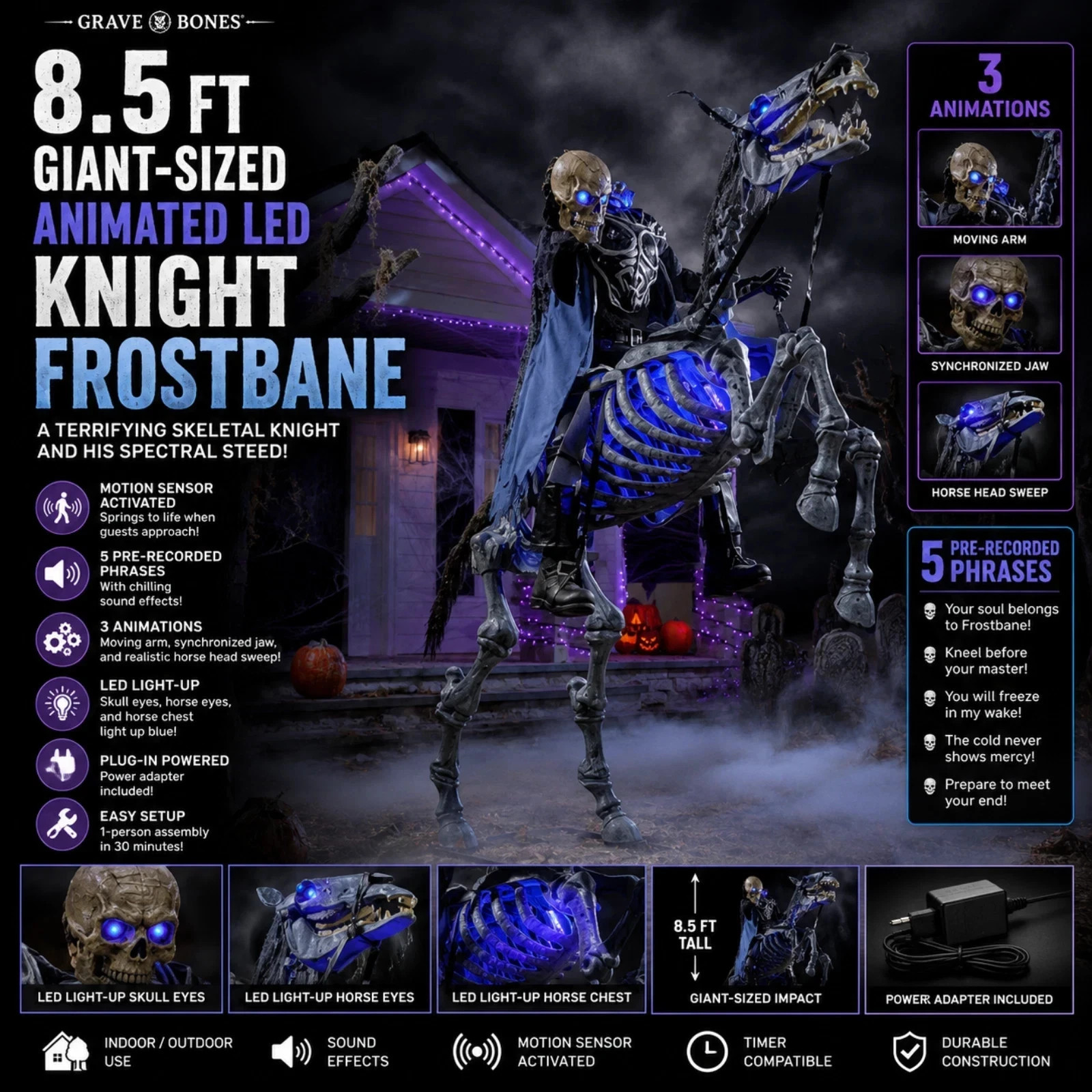 8.5 FT Animated Grave & Bones Giant-Sized LED Knight Frostbane SAMEDAYSHIP