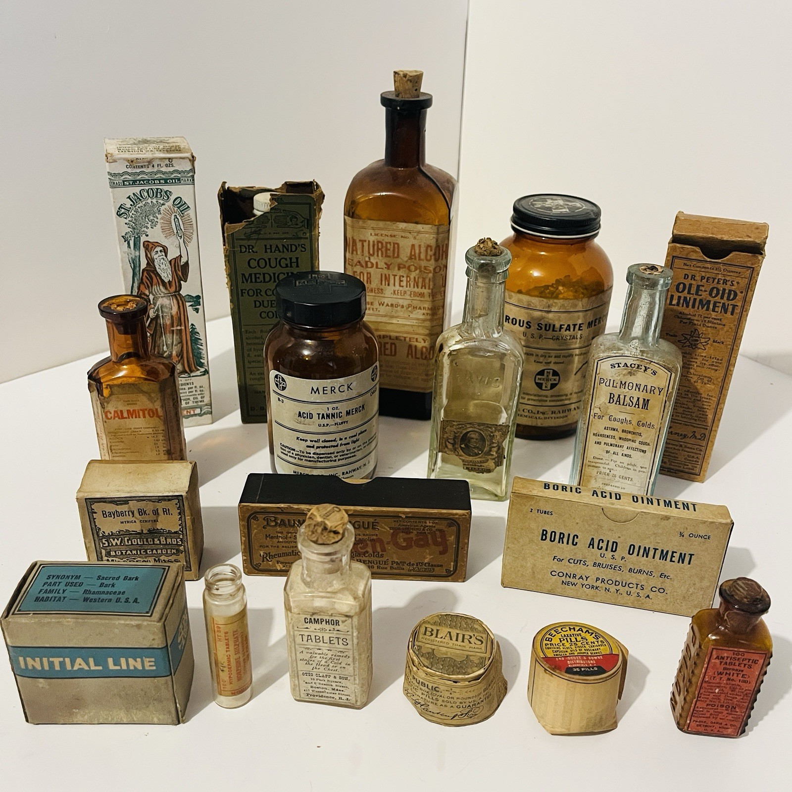 Antique Medicine Bottles & Boxes Lot 20 Vintage Apothecary Pharmacy Drugstore