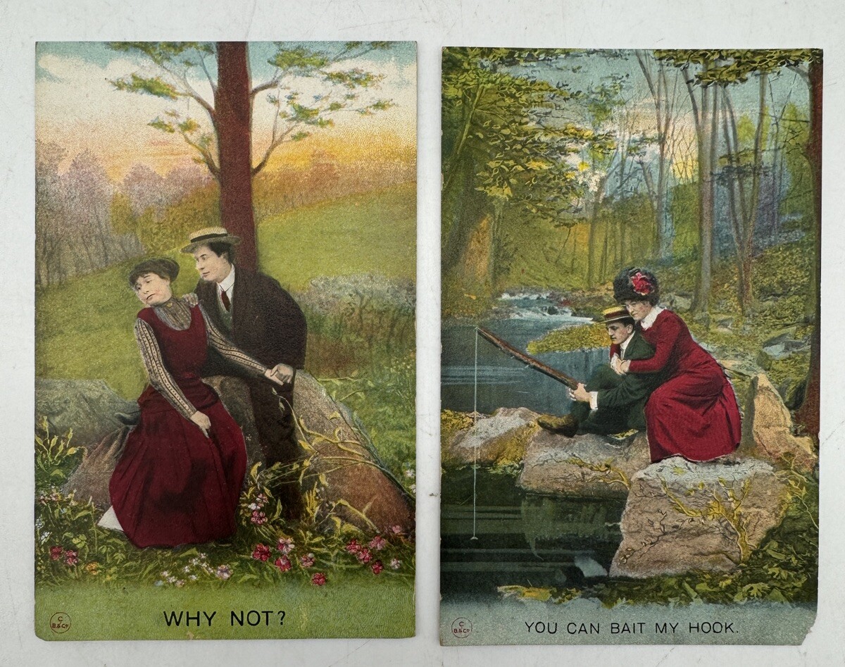 2 Vintage Postcards Romantic Lover Scenes You Can Bait My Hook-Why Not? Bamforth