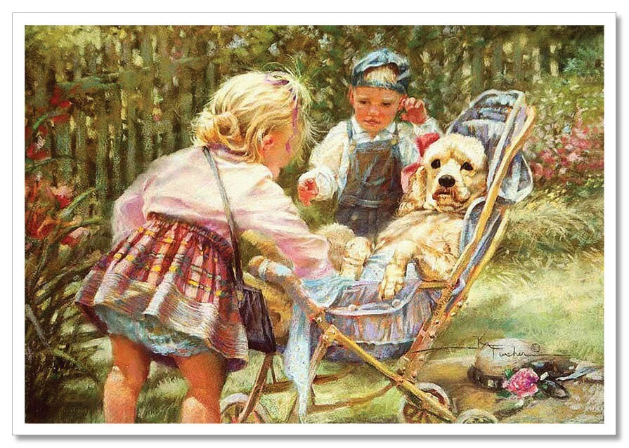 Pretty LITTLE GIRL & BOY with DOG KIDS ART Kathryn NEW modern Postcard