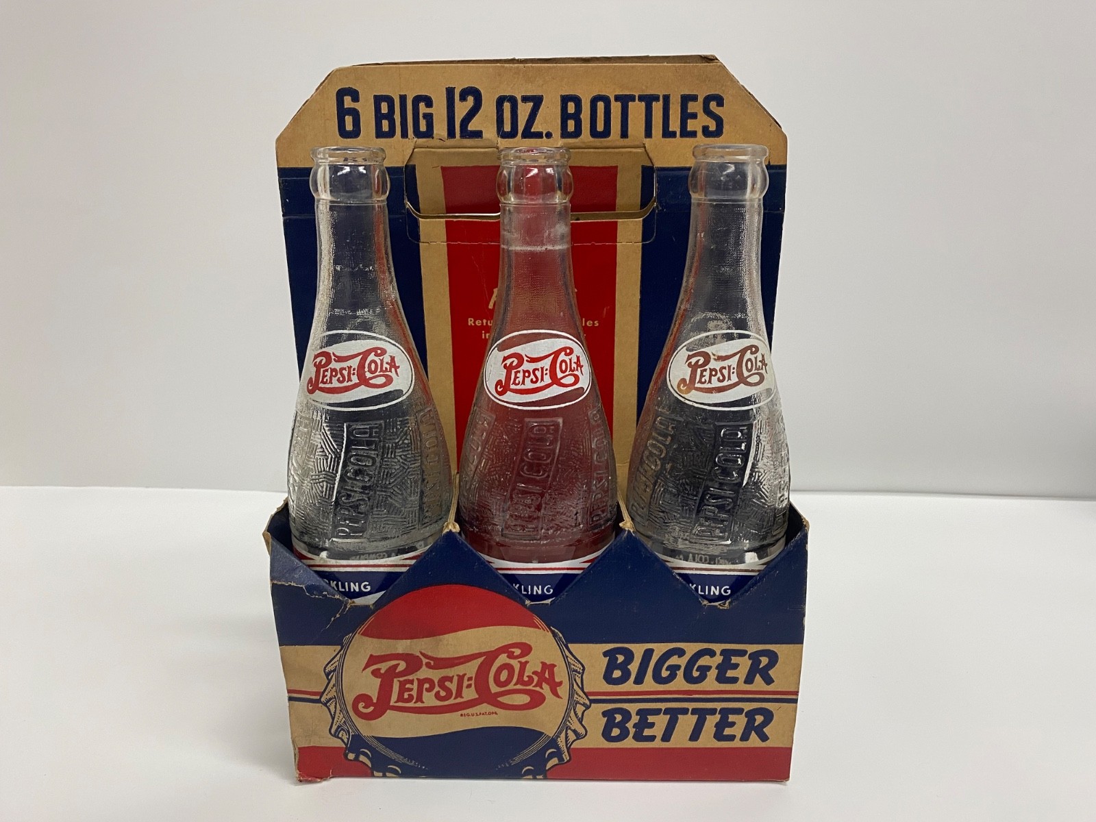 Vintage 1940’s Double Dot Pepsi-Cola Six Pack Cardboard Carrier W/Bottles Rare