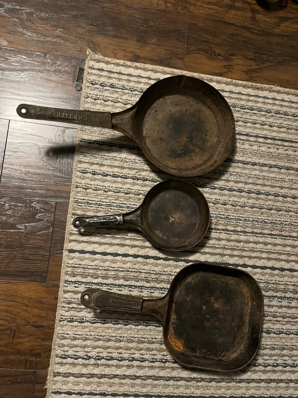 3 Vintage Cold Handle Cowboy Skillet 6 in , 10 in Steel Camp Frying Pan Antique?
