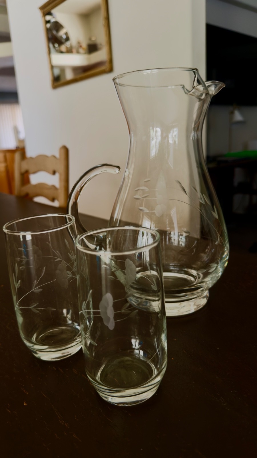 Vintage Princess House Etched Pitcher and two etched glas10\