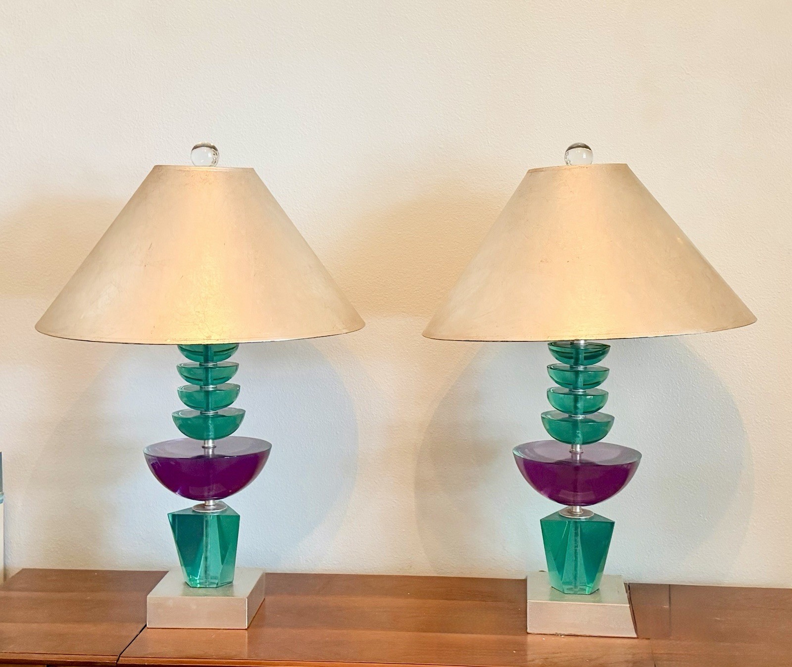 Hivo Van Teal Stacked Purple & Green/teal Lucite Table Lamps (pair) MCM 1979