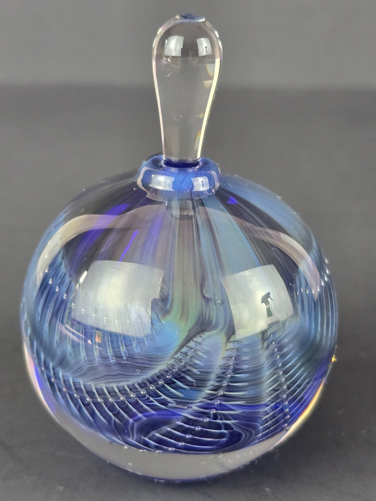 Signed ROBERT BURCH Blue Reptilian Paperweight Studio Art Glass Perfume Bottle