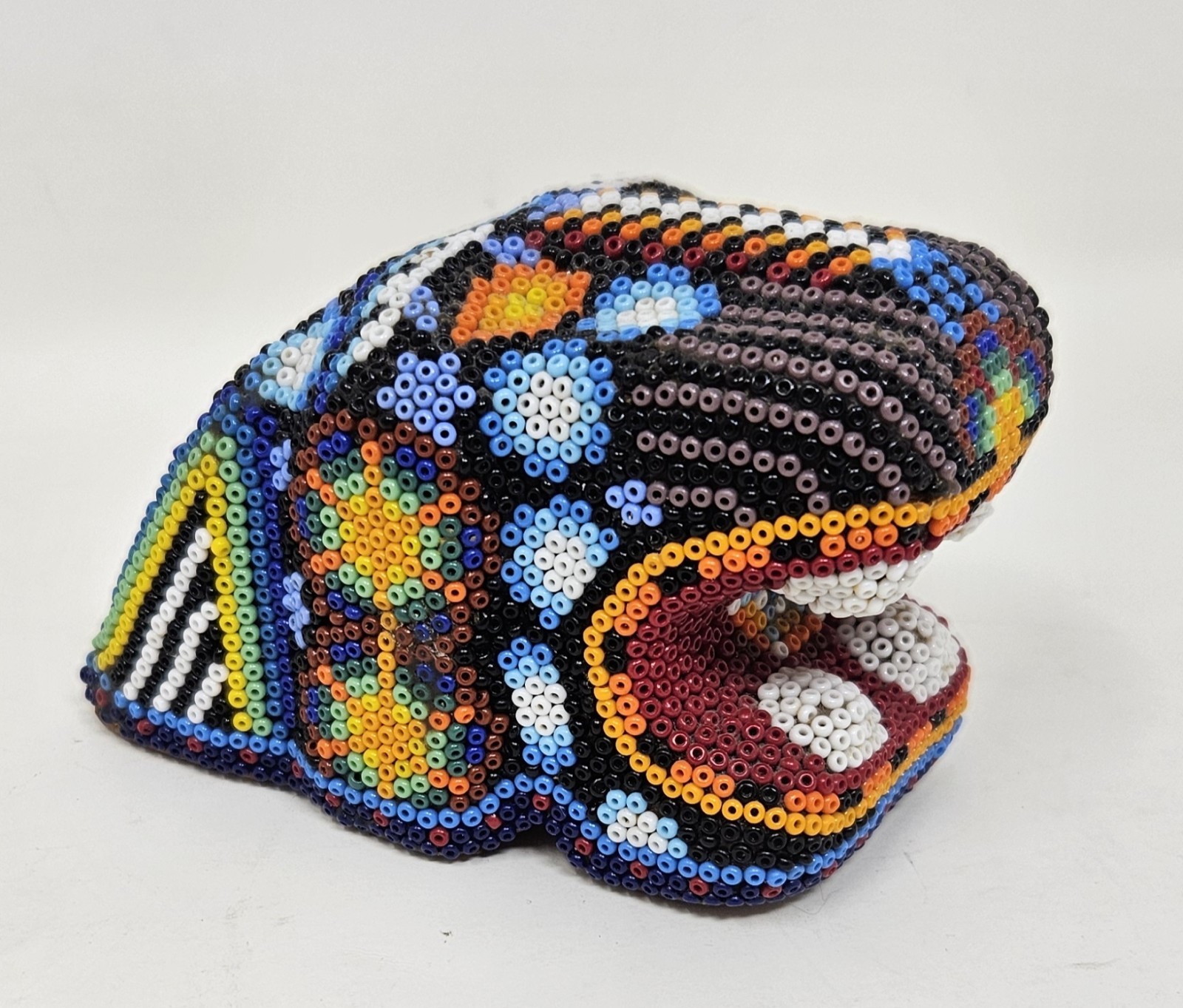 Vintage Huichol Beaded Jaguar Head - Handmade Wixárika Mexican Folk Art