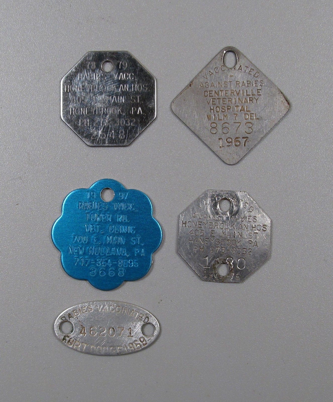 Five Vintage Rabies Vaccine Tags, Various Shapes and Metals