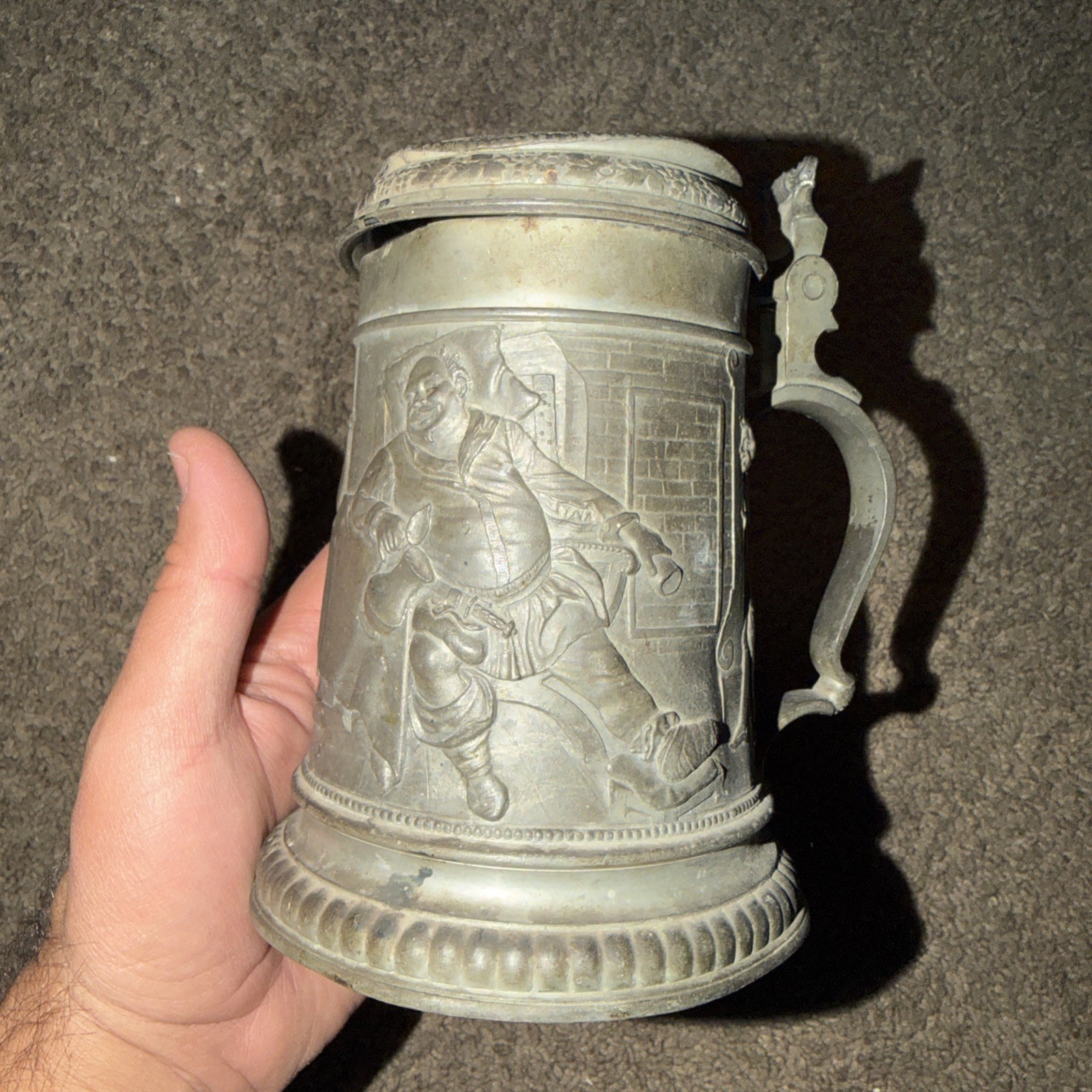 1897 German Tavern Scene Lidded Pewter Stein Rich Fat Man Scene As Shown