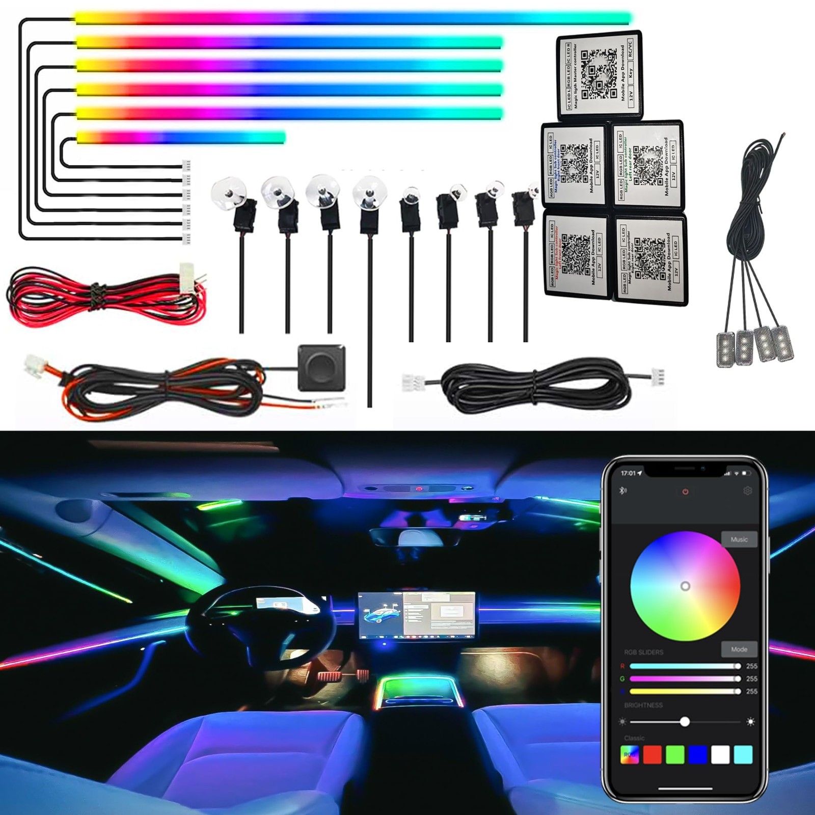 Dreamcolor Acrylic Interior Car LED Strip Light, RGB 18 in 1 Fiber Optic Ambient