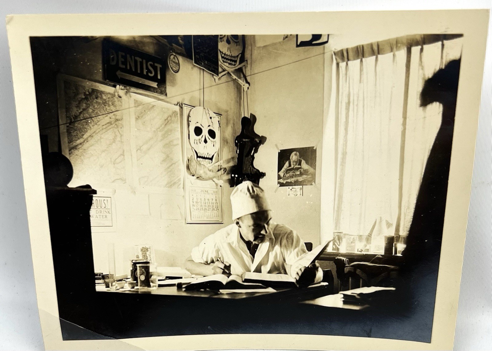 Vintage B&W photo 1930s Halloween skull college dorm stage play costume books