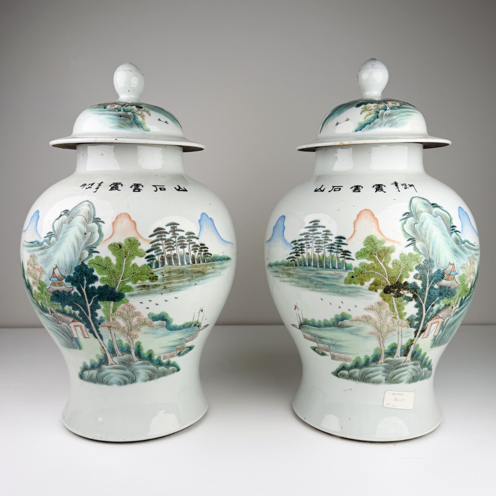 Pair Chinese Republic Period Covered Temple Jars Famille Verte Landscape 19\
