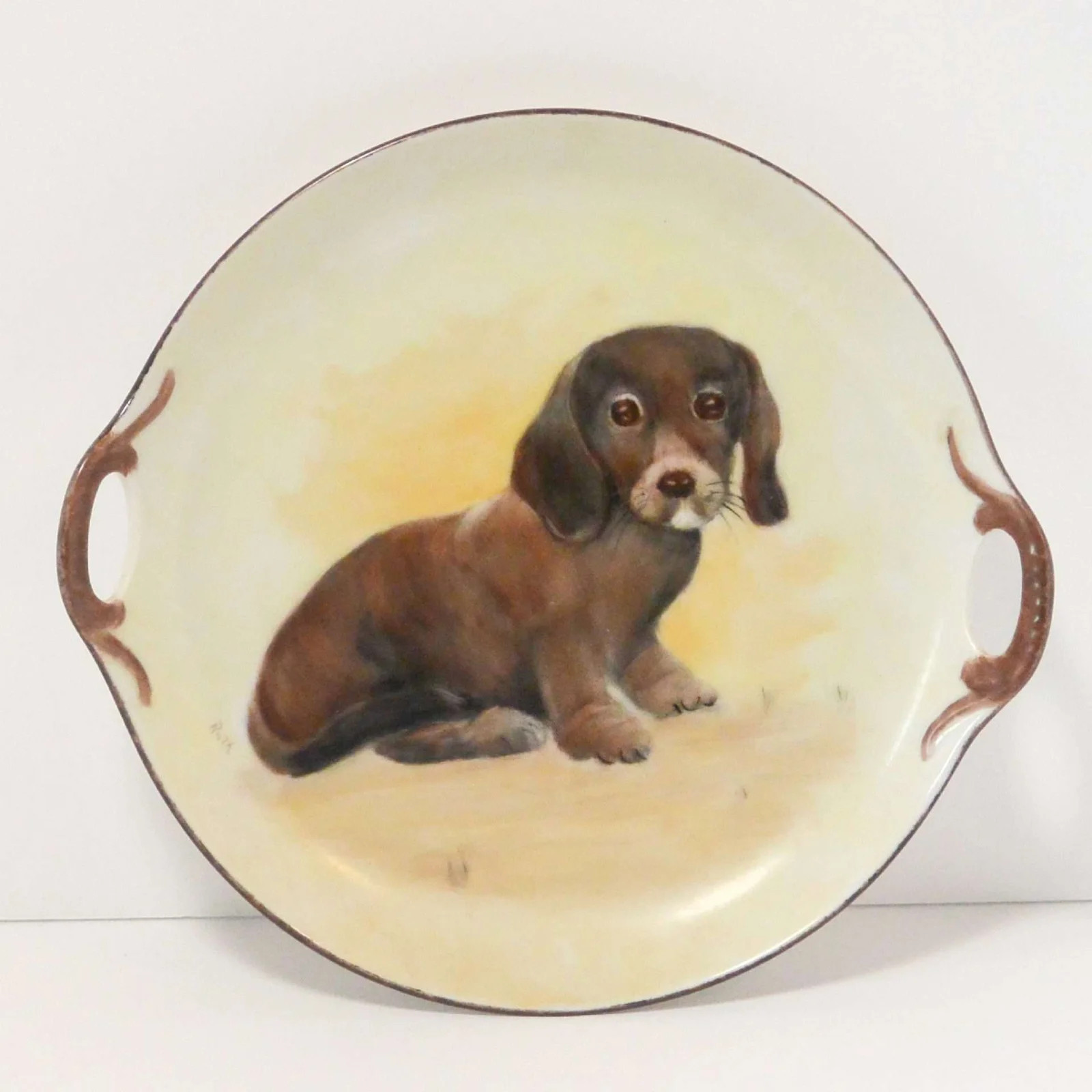 Vintage Hand-Painted Dachshund Porcelain Handled Tray Signed Ruth c.1940s