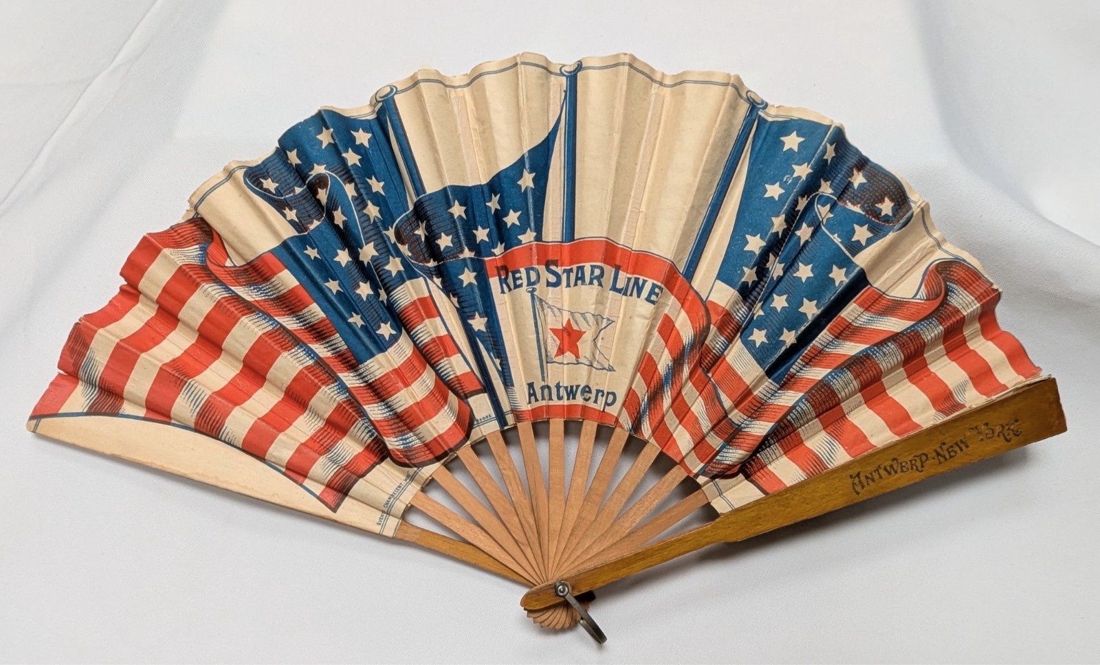 Antique Henri Cassiers~Red Star Line Fan c1900-1915 Eventails Chambrelent w/Flag