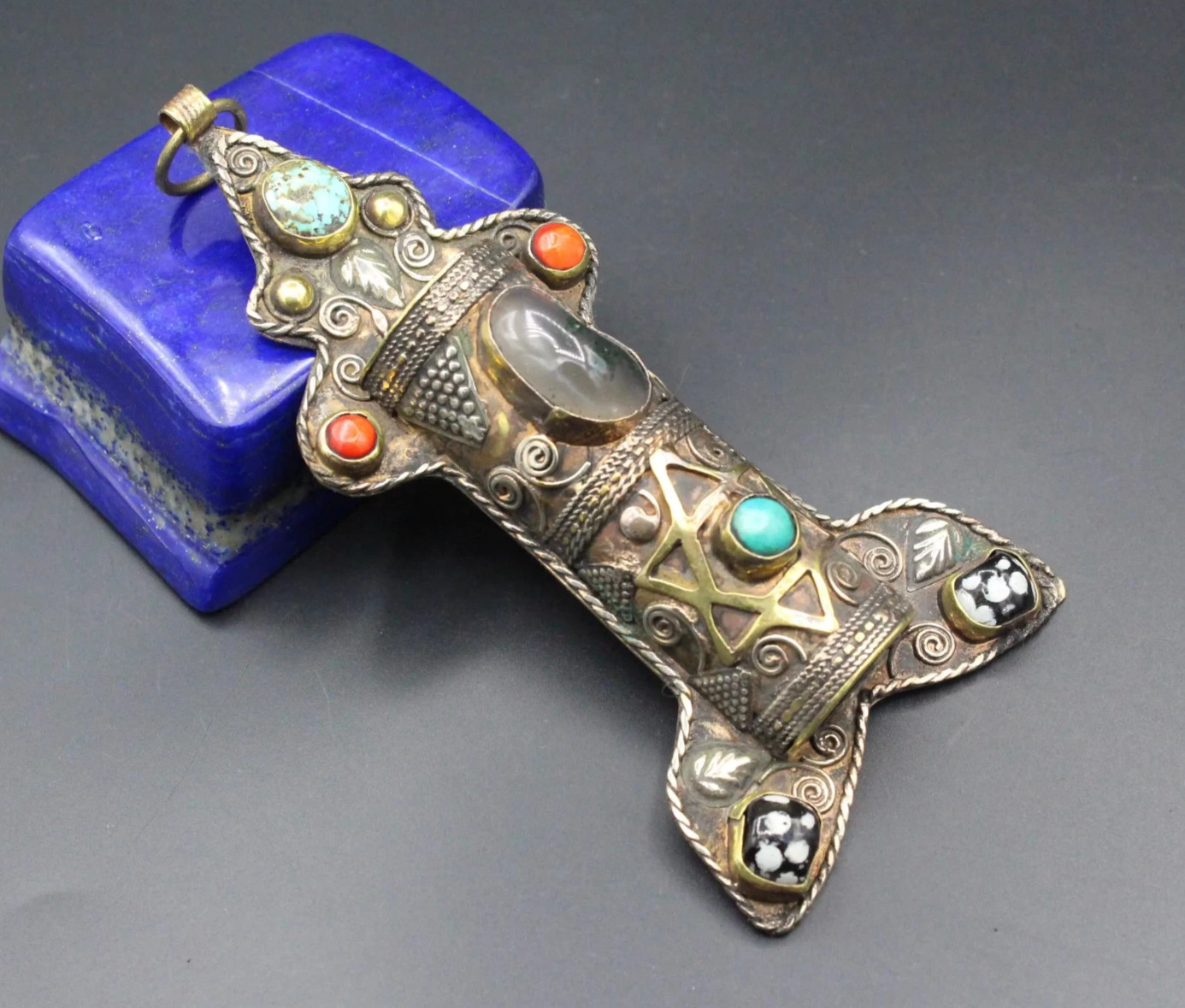 Vintage Judaica Mezuzah, Colorful Stones Mezuzah, Partial Gold Wash Wall Mezuzah