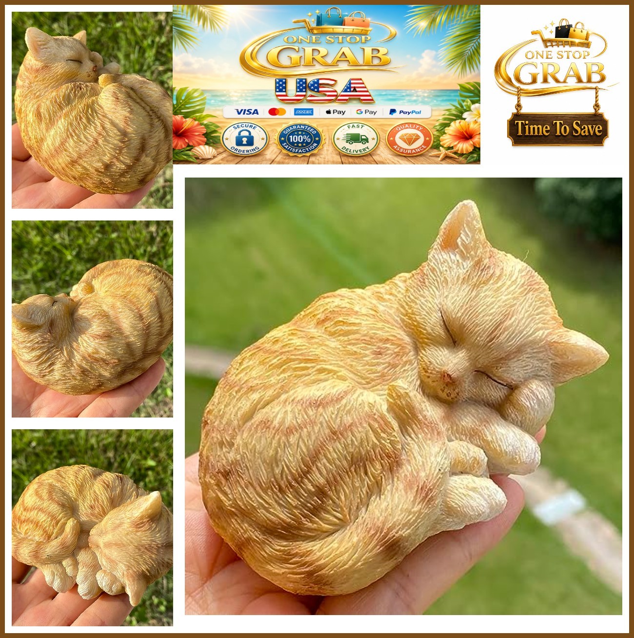 Sleeping Kitten Resin Cat Statue 3 Inch Orange Tabby Hand Painted Figurine