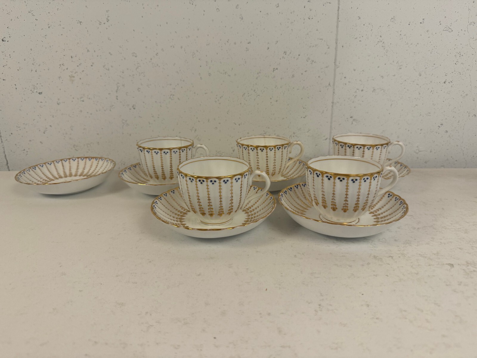 Antique Likely English Porcelain Set 5 Cups & Saucers w/ Blue Dots & Gold Dec.
