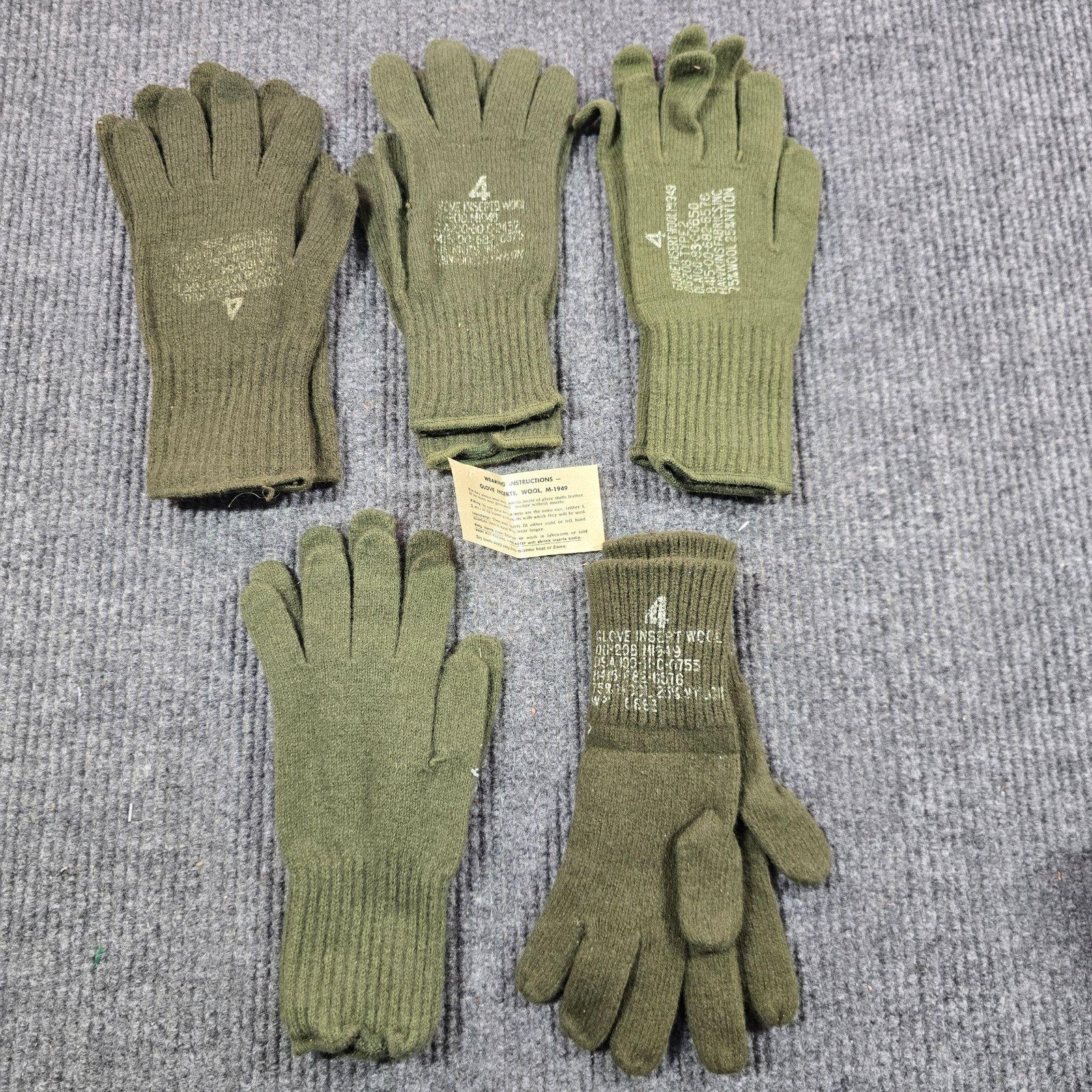 Vintage US Army Glove Insert Wool Size 4 Olive Drab Green M-1949 Lot of 5