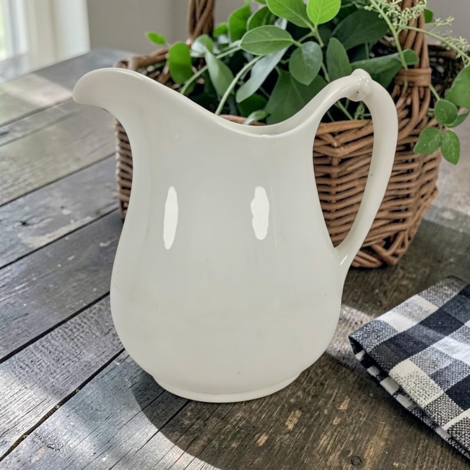 Antique Edwin M. Knowles Vitreous Large White Ironstone Farmhouse Pitcher 9