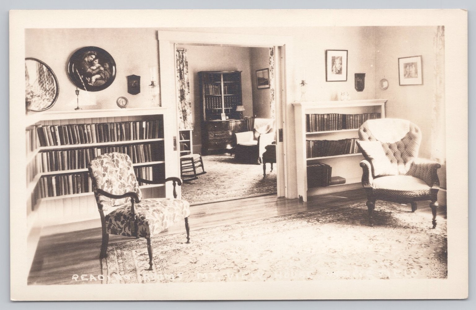 Vintage RPPC Interior Library Study Room Bookshelves Armchairs Postcard 1920s
