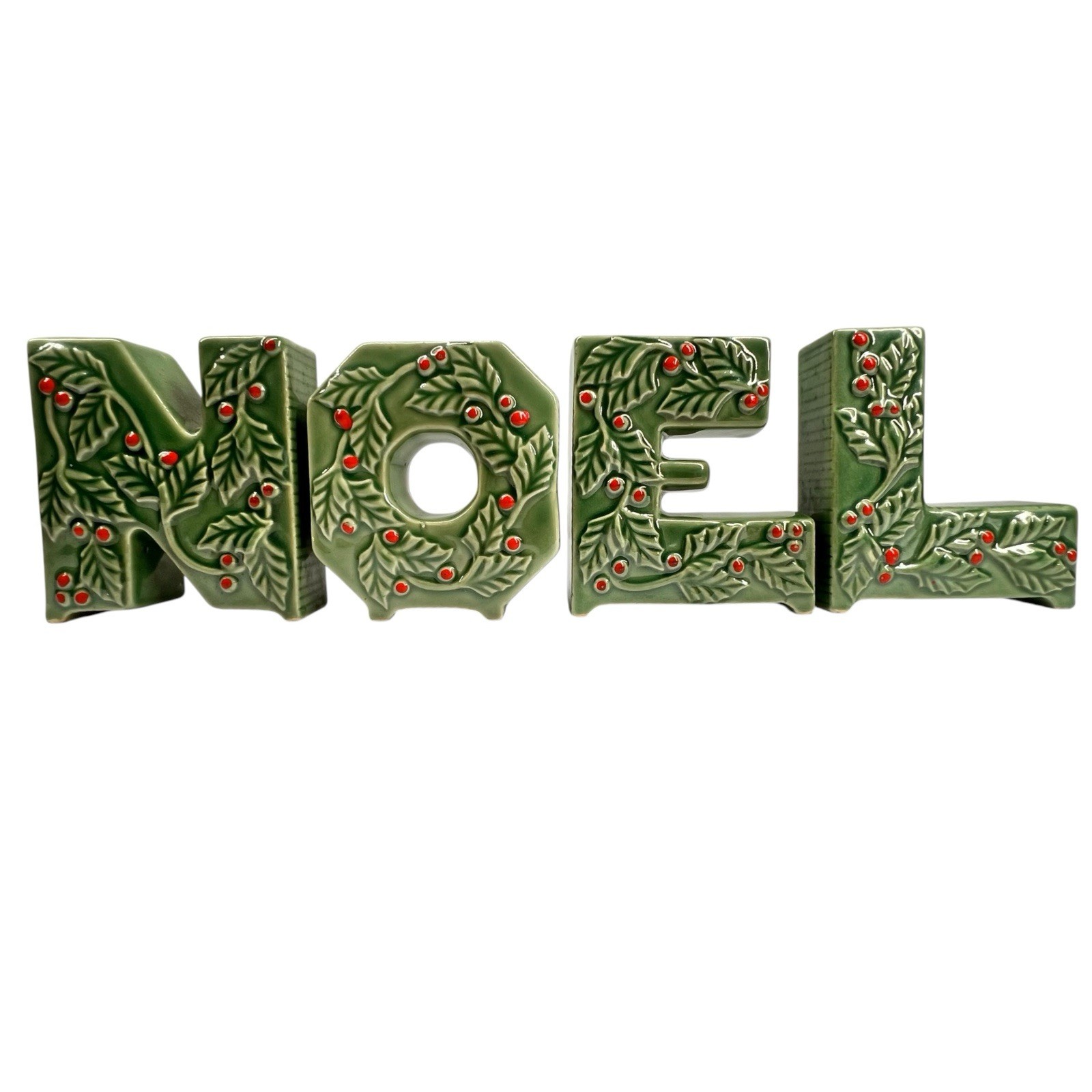 Vintage Ceramic Lipper & Mann NOEL Green Holly Christmas Candle Holders Japan